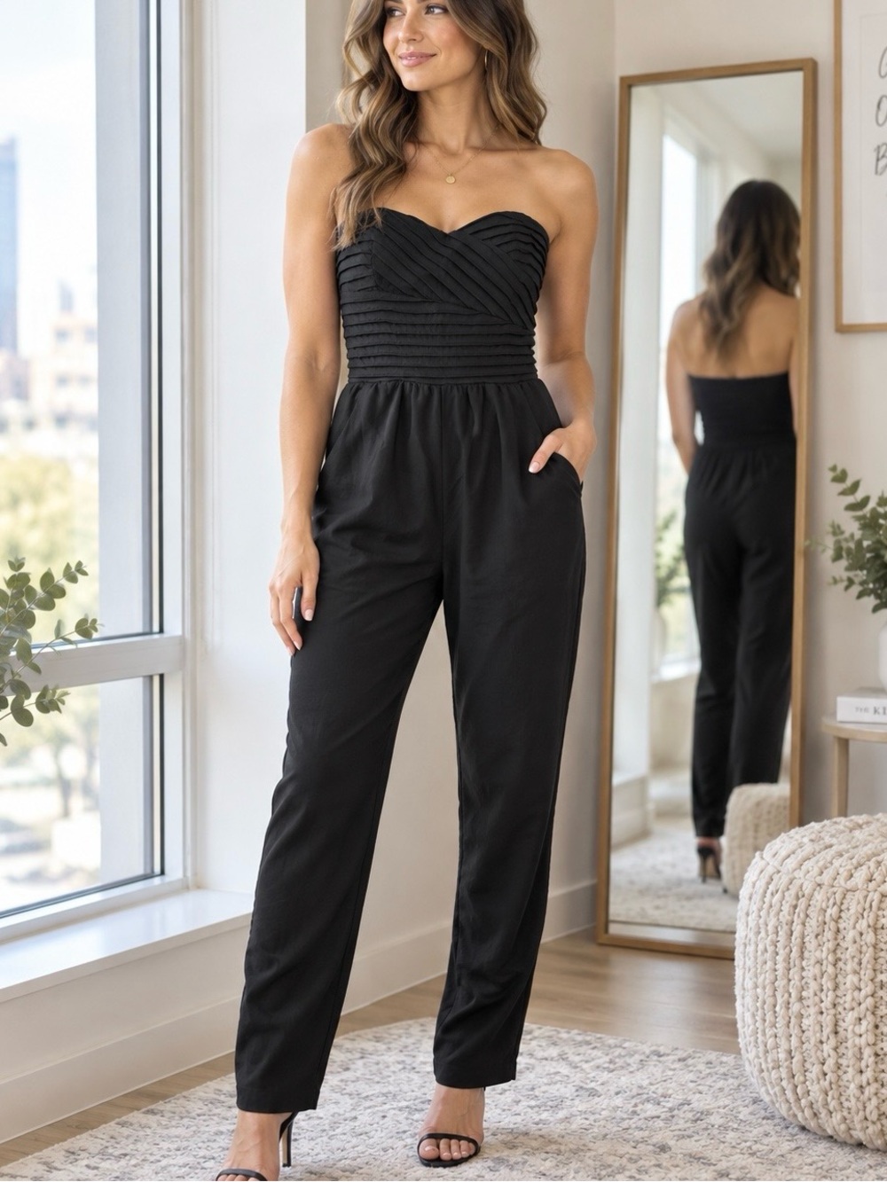 GUESS Black Strapless Pleated Jumpsuit Size Medium